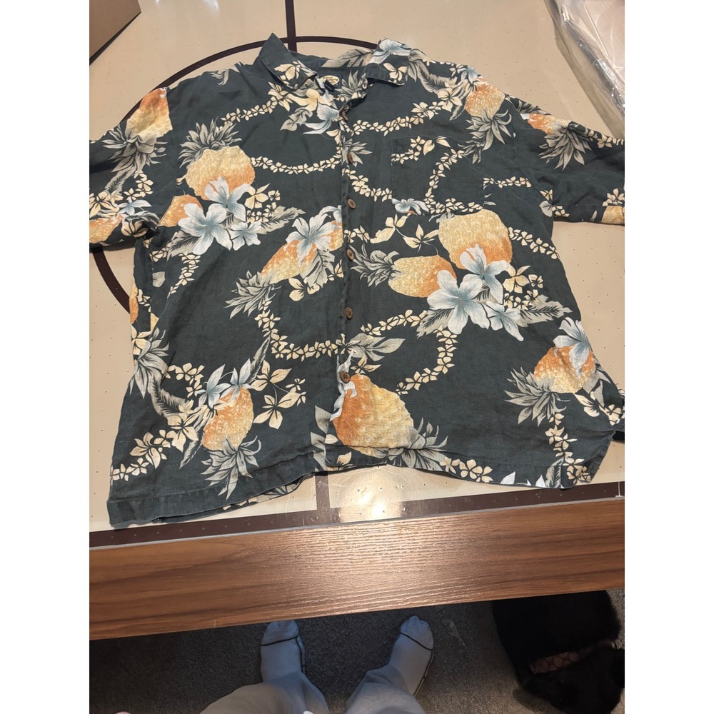 Tommy Bahama Mens XL 100% Linen Pineapple Floral Aloha Camp Shirt Charcoal Gray